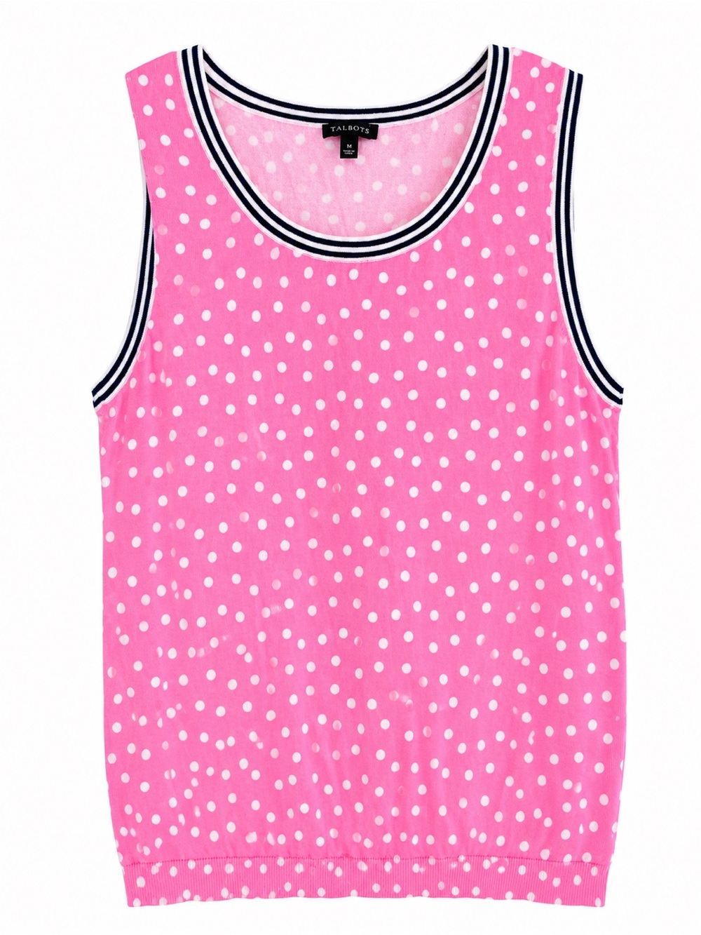 Talbots Pink and White Polka Dot Tank with Black-Trim Neckline, Medium